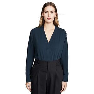 Tibi Coastal Blue Navy Long Sleeve V neck Wrap Bodysuit NWT Womens 2 MSRP 385$